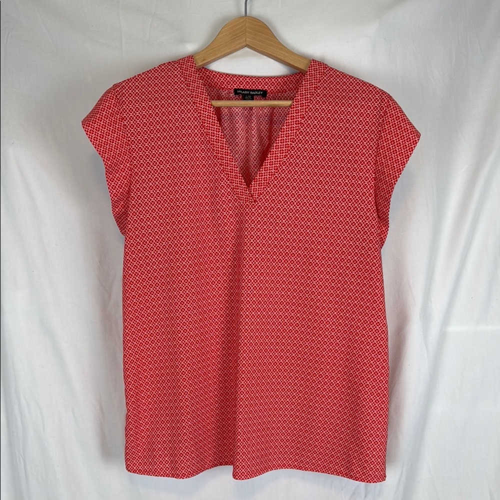 Hilary Radley Women's V-Neck Short Sleeve Blouse with Red and White Pattern Lg